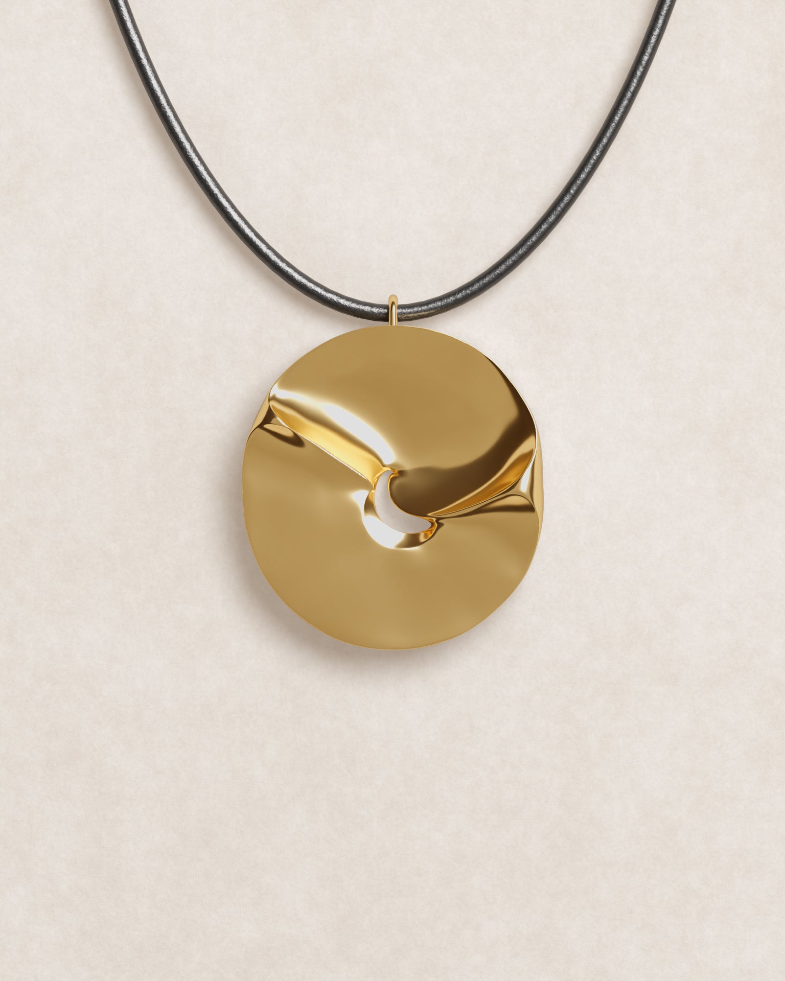 close up, product shot, valley of the moon necklace, jewellery, statement necklace, sculptural jewellery, minimal jewellery, gold vermeil, 18k gold vermeil, adjustable cord, front view