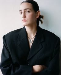 model, campaign, valley of the moon necklace, jewellery, statement necklace, sculptural jewellery, minimal jewellery, S925, sterling silver, rhodium plated, adjustable cord, front view