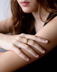 pebble ring, gold vermeil, 18k gold vermeil, hands, model, jewellery, sculptural jewellery, minimal jewellery, blob, close up