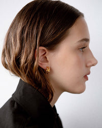 double petal studs, side view, model, jewellery, gold vermeil, 18k gold vermeil, sculptural jewellery