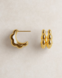double petal studs, frontal view, model, jewellery, product shot, sculptural jewellery, gold vermeil, 18k gold vermeil
