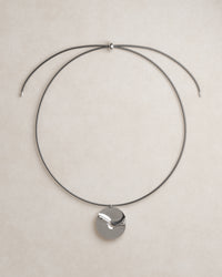 product shot, valley of the moon necklace, jewellery, statement necklace, sculptural jewellery, minimal jewellery, S925, sterling silver, rhodium plated, adjustable cord, front view